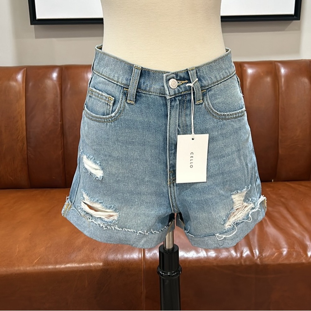 BRAND NEW! CELLO Denim Shorts, High-Rise Cuff Shorts, Distressed Med-Denim Wash
